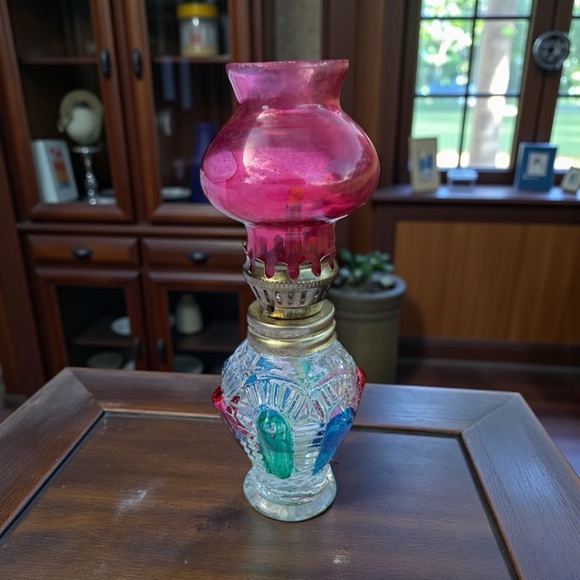 Other - Vintage Mini Oil Kerosene Lamp Pink Glass Chimney Multicolor Glass Base 4 1/2”